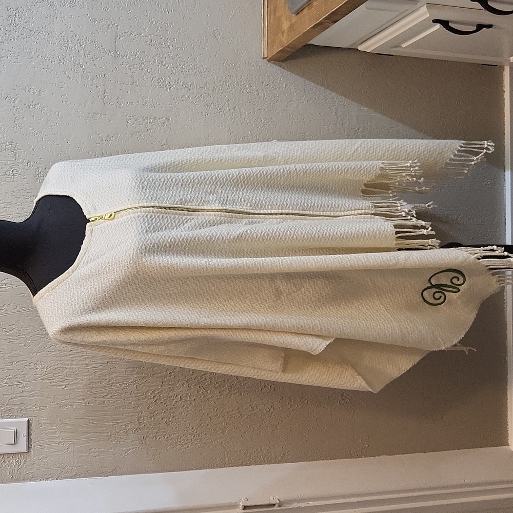Initials Inc Initial "E" Ivory Shawl Cape Wrap with Gold Zipper